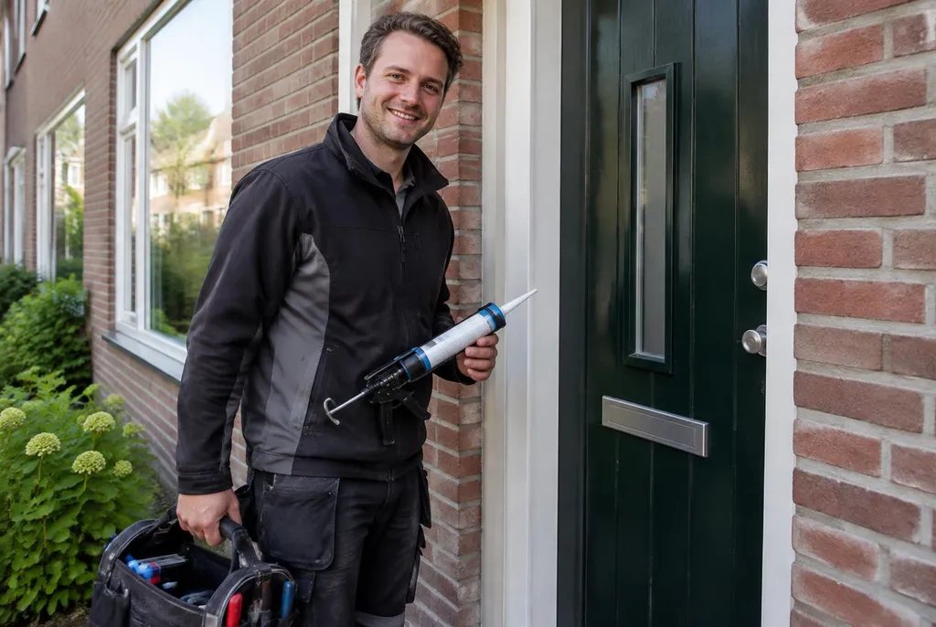 Vakman van Kitbedrijf Veghel bij de voordeur van een woning